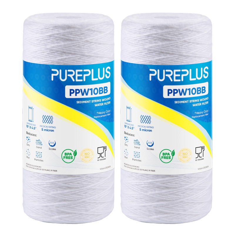 Pure Plus PUREPLUS 5 Micron 10 x 4.5 Whole House String Wound Sediment Filter for Well Water, Replacement Cartridge for 84637, WPX5BB97P, PC10, 355214-45, 355215-45, WP10BB97P, WP5BB97P, 2Pack - Image 1